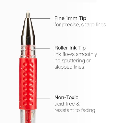 Image of KINGART Glitter Rollerball Gel Pens, 12 Sparkling Colors with Soft-Grip Comfort, XL Ink Cartridge - More Ink, Great for All Ages, Writing, Coloring, Doodling, Scrapbooking, Journaling & More