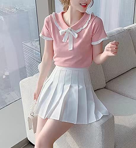 Hoerev Women Girls Short High Waist Pleated Skater Tennis Skirt, White, US 6
