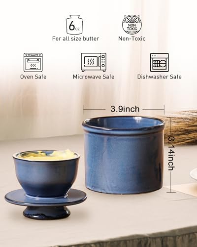 Französische Wassergekühlte Butterdose mit Keramik Wasserlinie - für streichfähige Butter - Blue