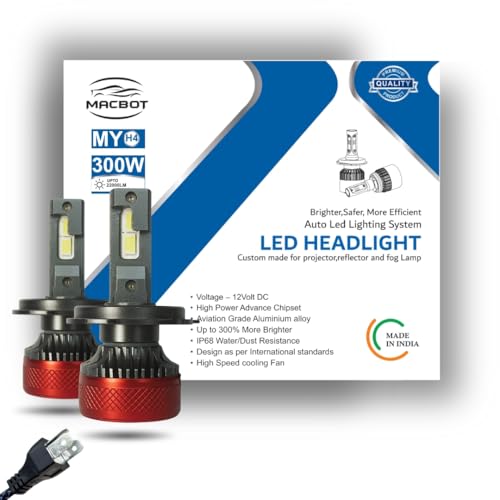 Image of MACBOT H4 /H19 Type Yellow LED Headlight Bulb 300 Watt MY-H4, with 2-Year Replacement Warranty - Made in India for Cars (150 Watt Each Bulb) Bright Warm White Light, Easy Installation,Durable