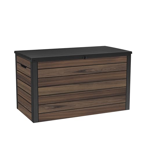 Keter Rosewood- Arcón exterior, Baúl almacenaje, Capacidad 575L, Resina, Color marrón, Efecto madera, Ordenación jardín y terraza, 129 x 67,4 x 73,7cm