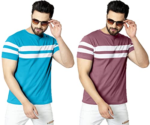Image of RodZen Men's Polyester Round Neck Regular Fit Striped T-Shirt (Combo Pack of 2)