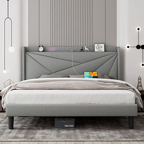 Feonase King Size Bed Frame with Type-C & USB Ports, Upholstered Platform Bed Frame with Wingback Storage Headboard, Solid Wood Slats Support, No Box Spring Needed, Noise-Free, Light Gray