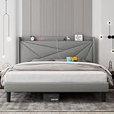 Feonase King Size Bed Frame with Type-C & USB Ports, Upholstered Platform Bed Frame with Wingback St