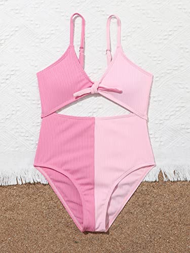 Romwe Girl's Colorblock Cut Out Knot Front One Piece Swimsuit Bathing Suit Swimwear Pink Colorblock 140 #TOP3
