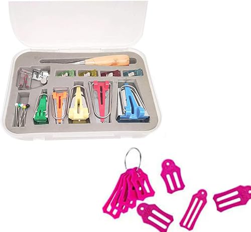 YICBOR Bias Tape Maker Kits All 5 Sizes 6MM 9MM 12MM 18MM 25MM Binding Foot Craft Clips Awl Quilter's Pin Comes with 10pcs Multi-Sizes Folding Fabric and Biasing Strips Roll Tool Set (Pink)