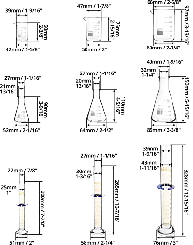 QWORK Lab Glassware Set, Beaker Flask Cylinder Set, 9 Pieces - Includes 3 Erlenmeyer Flasks, 3 Beakers, & 3 Grade A Graduated Cylinders - Borosilicate 3.3 Glass