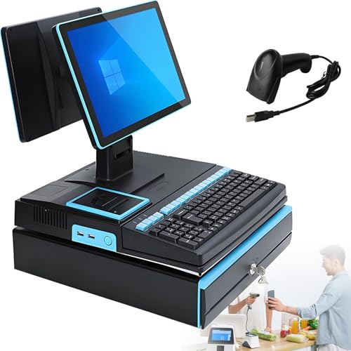 Pantalla táctil de 15,6 pulgadas, caja registradora, teclado, impresora integrada de 58 mm, ordenador TPV, punto de venta para fábricas, caja registradora para empresas y negocios Blue DualScreen