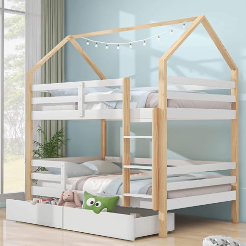 YCYDHDM Etagenbett 90 x 200 cm mit 2 Schubladen und Dach, Kinderbett Stockbett mit Lattenrost und Leiter, Bettgestell mit Rausfallschutz, Doppel Hochbett für Kinderzimmer, Ohne Matratze, Weiß