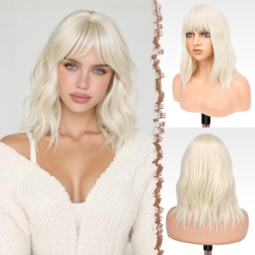 FESHFEN Pelucas Ondulado con Flequillo para Mujer, Rubio Platino Peluca Bob Rizado Corta Sintética Pelucas de Cabello Parte Media Longitud del Hombro de Fiesta, 35 cm