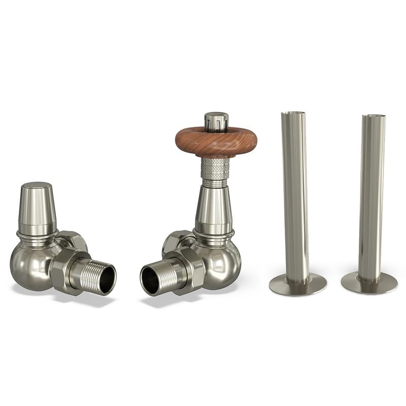 UK Radiators Silver Nickel Thermostatic Radiator Valves and Corner Lockshield Valve - Brushed Silver Nickel Finish - Traditional Design 1/2" x 15mm Corner Radiator Valves with 130mm Pipe Sleeves