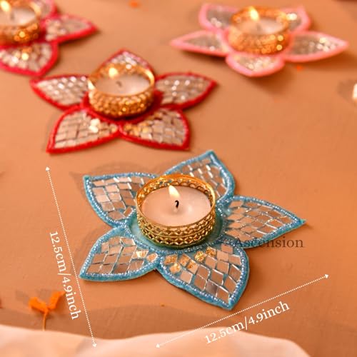 Image of Ascension Pack of 5 Decorative Mirror Floral Tealight Candle Holder Multicolor Star Design Reusable Diya for Floor Rangoli Decorative Items for Gift Indoor Outdoor Diwali Decoration Home Office Decor