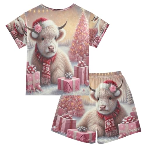 Christmas Tree Highland Cow Cute Pajama Set Short Sleeve Sleepwear Soft Pajamas Shorts Sets Cotton PJS 5Y2