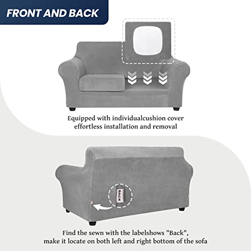 Asnomy Sofas Covers For 2 Cushion Couch Loveseat Cover Velvet Stretch Slipcovers For Dogs Cats ,2 Seat Cushion Furniture Protector Machine Washable（Medium，Silver） #TOP5