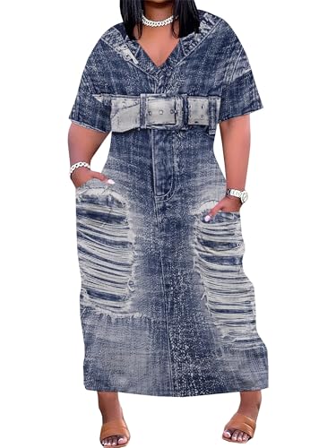 Image of SUZONANA Plus Size Denim Print Maxi Dresses for Women Casual V Neck Short Sleeve with Pockets Soft Jean Look Dress XL-6XL