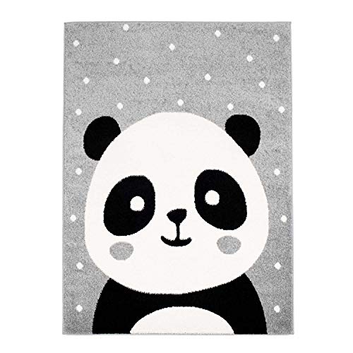 carpet city Tappeto per bambini Bubble Kids a pelo piatto Panda, bianco a pois in grigio per cameretta dei bambini; dimensioni: 140 x 200 cm