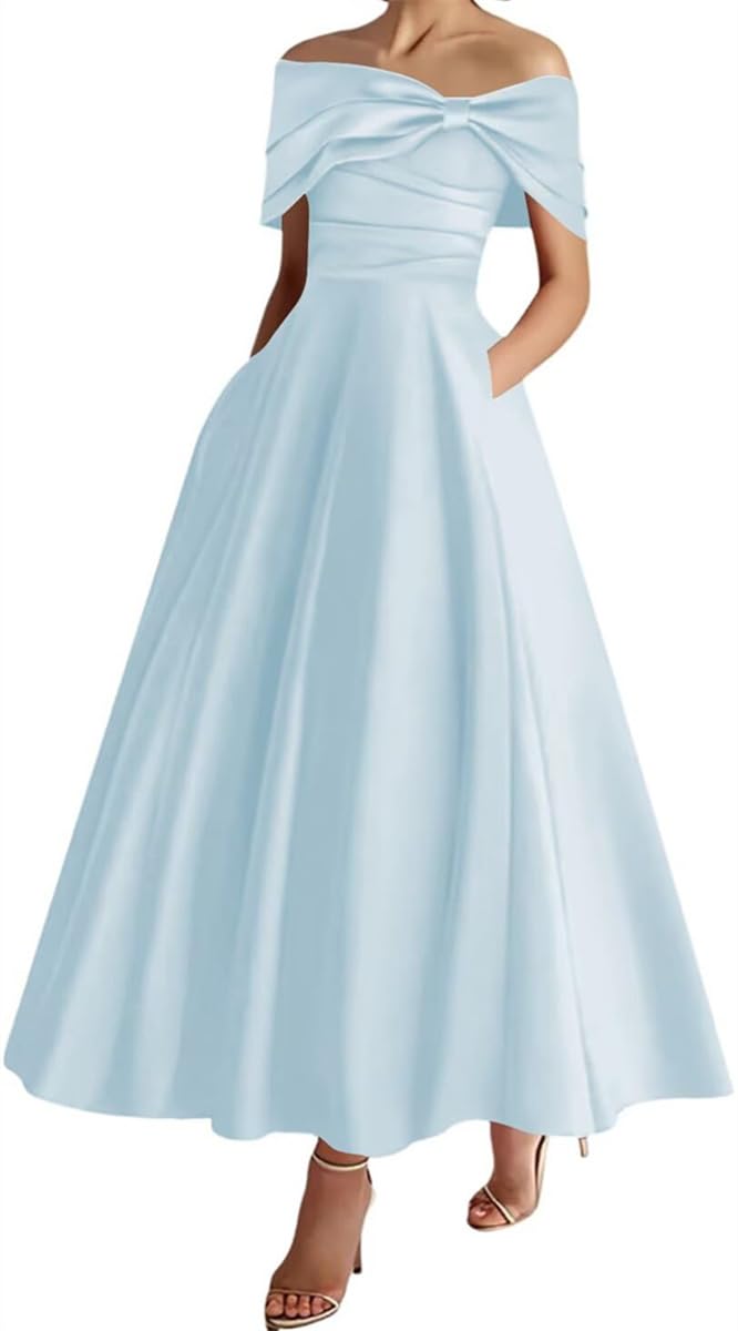 Sayno Women's Light Blue Satin Formal Evening Party Gowns Cold Shoulder Casual Wedding Dresses Pleats Grace Bridal Gowns Hlsa163 Uk16