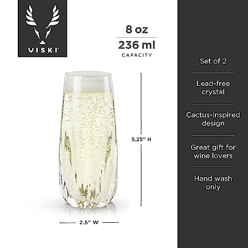 Viski Raye Cactus Crystal Champagne Flutes Set Of 2 - Premium Crystal Clear Glass, Modern Stemless, Champagne Glass Gift Set - 10Oz #TOP5