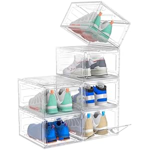 Upgrade Harder Solid Plastic Shoe Organizer Shoe Storage with Magnetic Front Door Shoe Rack 6 Pack Shoe Boxes Clear Sneaker Storage Shoe Organizer for Closet Shoe Display Case White