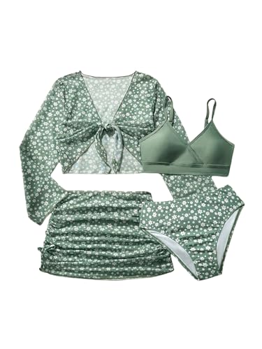 GORGLITTER Girl's Swimsuit 4 Piece Floral Wrap Bathing Suit with Kimono and Cover Up Skirt