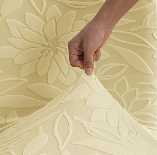 Image of House of Quirk Stretchy Universal Camellia Jacquard Waterproof Chair Cover Removable & Washable Short Dining Chair Cover Protector Seat Slipcover (Beige,Pack of 4)