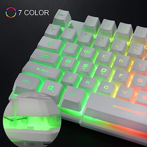 Rii RK100+ White Gaming Keyboard,USB Wired Multiple Colors Rainbow LED Backlit Large Size Mechanical Feeling Ultra-Slim Multimedia Office Keyboard Non-Slip for Primer Gaming and Working,Office Device