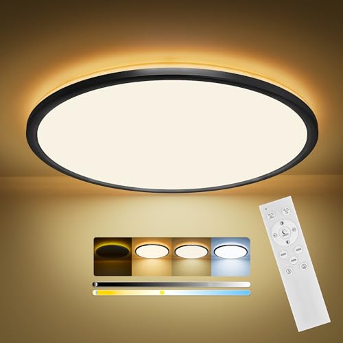 LuJasi Lampara Techo Regulable, 36W 3600LM Plafon LED Techo con Mando Distancia, 1800K Luz Nocturna, 3000K-6500K Lámpara de Techo Slim para Dormitorios Habitaciones Infantiles Salones Ø29 Negro(29CM)