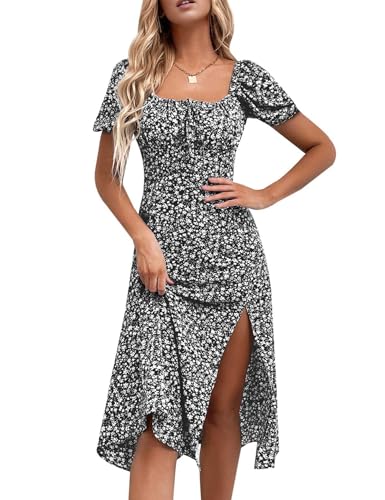 Image of SPRIME Women's Floral Summer Casual Dress Square Neck Puff Sleeve Boho Midi Dresses Ruched Bust High Waist Split Long Dress
