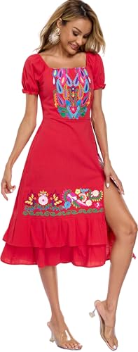 Image of YZXDORWJ Mexican Dress for Women Boho Embroidered Sexy Ruffle Maxi Dress Short Sleeve Summer Beach Wedding Party Dress