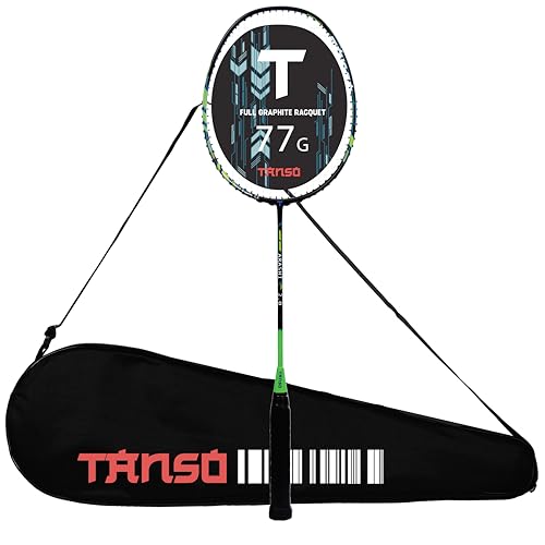 Image of TANSO Arashi 2.0 Full Graphite Ultra Light Weight Carbon Fibre Strung Badminton Racket with Free Full Racquet Cover (77 Grams, 32 Lbs Tension, Strung with Premium Strings) (Green)