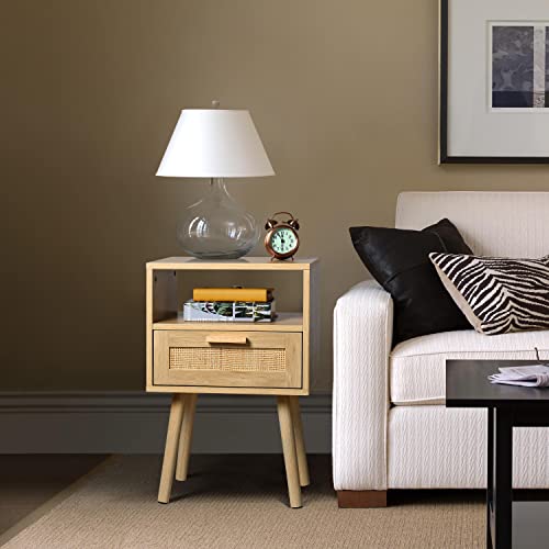 Finnhomy Nightstands Set Of 2, End Table, Nightstand, Side Table With Hand Made Rattan Decorated Drawers, Wood Accent Table With Storage For Bedroom, Natural #TOP4