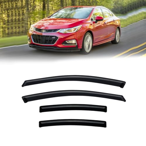 Image of Rain Guards Window Visor for 2016-2019 Chevrolet Chevy Cruze Out-Channel | Shields Vent Deflector Shade Wind Dark Smoke 2017 2018 16 17 18 19, Tape-On Outside-Mount, 4PCS