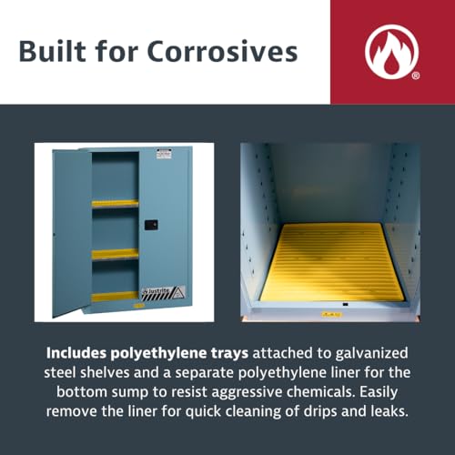 Image of Justrite Acid Corrosive Storage Cabinet - 45 Gallon 2 Door Self Close Chemical Storage Cabinet with Removable Polyethelene Trays - 18 inch x 65 inch x 43 inch - Made in The USA - Light Blue - 894522