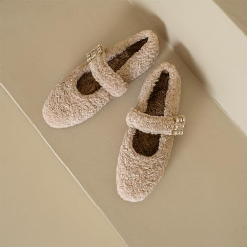 Kluolandi Women's Shearling Ballet Flats with Strap Warm Rabbit Fur Lined Crystal Buckle Mary Jane Flat Shoes2