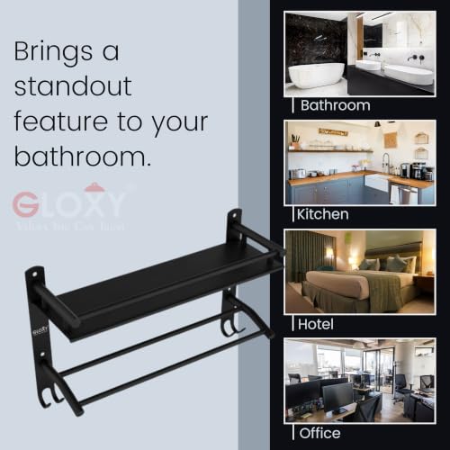 Image of GLOXY Combo Pack of 2 Black Matte Finish Washroom Storage Organizer - Premium Bathroom Stainless Steel Shelf with Towel Holder Rods - Bathroom Fittings Accessories Set for Home, Office & Restaurants