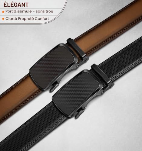 BULLIANT Ceinture 2 Pièces, Ceinture Homme Automatique en Cuir pour Hommes Largeur 35mm Cadeau Box,Taille Ajustable(Marron clair/noir,115cm/32-38" taille réglable) – vue 2