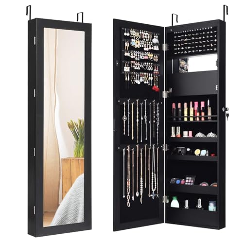 GOPLUS 2 en 1 Armoire à Bijoux avec Miroir, Organisateur de Bijoux Mural avec Lumières LED Automatiques, Armoire de Rangement Cosmétiques Verrouillable pour Chambre, Vestiaire (Noir)