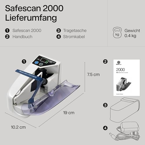 Safescan 2000 Tragbare Geldzählmaschine, zählt sortiert Geldscheine - Banknotenzähler für unterwegs - zählt sortierte Banknoten aller Währungen