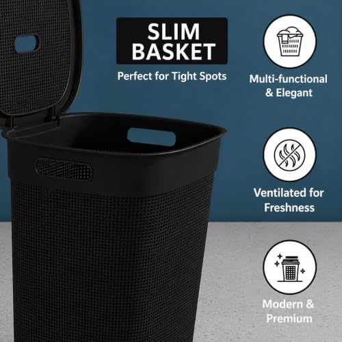 Image of KITCHIVO Plastic Large 55 Ltr Laundry Basket with Lid & Handle | Multipurpose Hamper Bins Storing Washable Clothes, Blankets | Household Ideal for Home & Bathroom (Woods Black)