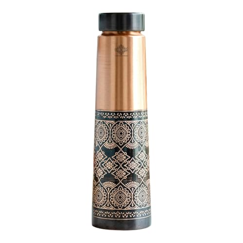 Image of INDIAN ART VILLA Pure Copper Antique Dark Embossed Design Bottle, 800 ML Capacity, Ayurvedic Health Benefits, Stylish Traditional Drinkware for Home, Office, Gym, Travel & Gifting