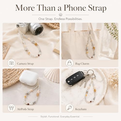 Beaded Phone Charm Strap with Shell and Starfish, Aesthetic Pearl Wrist Lanyard for Phone Case, Camera, Bag or Keychain, Cute Beach Vibes Accessory for Women & Girls - 3