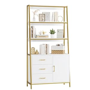 HITHOS 69″ Tall Bookshelf, White Gold 4-Tier Bookcase with Wooden Drawers and Ladder Shelves, Free Standing Storage Cabinet Kitchen Bakers Rack with Microwave Oven Stand for Home Office