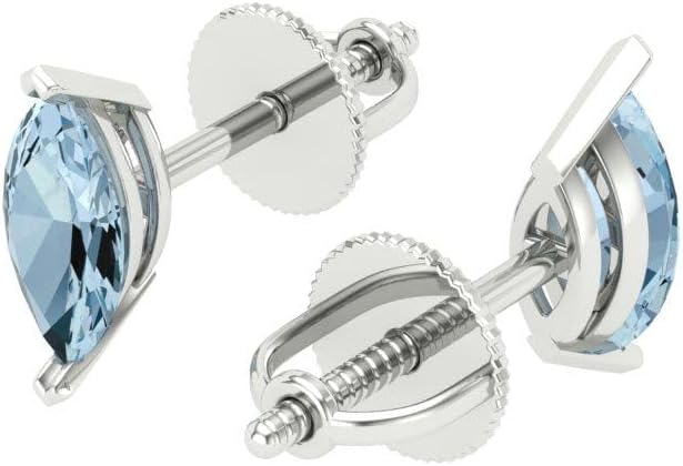 14K White Gold Natural Aquamarine Stud Earrings with Push back - Hypoallergenic, 1 cttw - Minimalist Women's Fine Jewelry