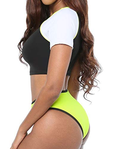 Women's Short Sleeve Swimsuit High Waisted Bikini Neon Bathing Suits Thong Triangle Swimwear Rashguard2