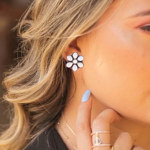 NIVEK Set of 3 White Turquoise Color Stud Earrings Copper Antique Finish Western Boho Flower Round Bohemian Southwestern by NIVEK - Image 7