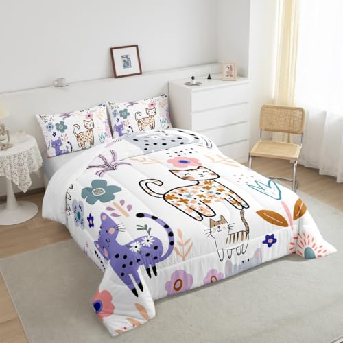 Image of Feelyou Cartoon Cat Comforter Set Full, Cute Kitten Comforter Set Cats and Flowers Comforter for Kids Boys Girls Teens Pet Cats Duvet Set Lightweight Quilt Set