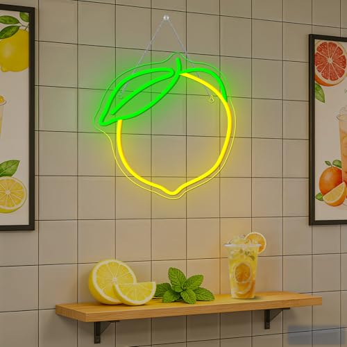 Image of Lemon Neon Sign Lemons Yellow Led Sign Fruit Shape Neon Light for Apartment, Bar, Kids' Room,Bedroom,KTV Pub, Shop Wedding, Celebration (12.6 inch*11 inch)
