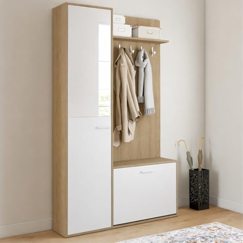 Miniatura 2 de Idmarket Armario De Entrada Para Guardar Zapatos Con Espejo Y Estantes Mahaut 1 Puerta Efecto Madera Y Blanco