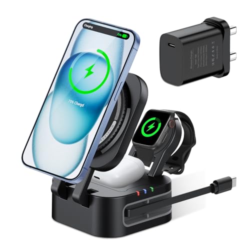 Cargador Inalámbrico 3 en 1, Cargador Inalámbrico para iPhone 17/16/15/14/13/12 Pro/MAX/Plus, Base Cargador para iPhone y Apple Watch, Estacion de Carga Apple Watch Ultra-2/SE, AirPods 4/3/2/Pro