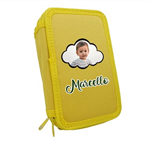 Astuccio Scuola 3 Zip Completo di 33 Pezzi con nome e Foto portatutto Portapastelli Colorato di Penne Pastelli Pennarelli Righello Temperino Gomma Taccuino bambino bambina